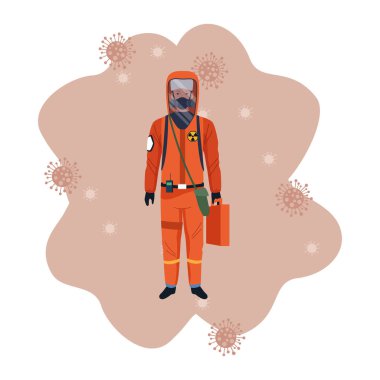 Biyolojik tehlike giysisi ve kovid19 parçacığı olan bir biyogüvenlikçi.