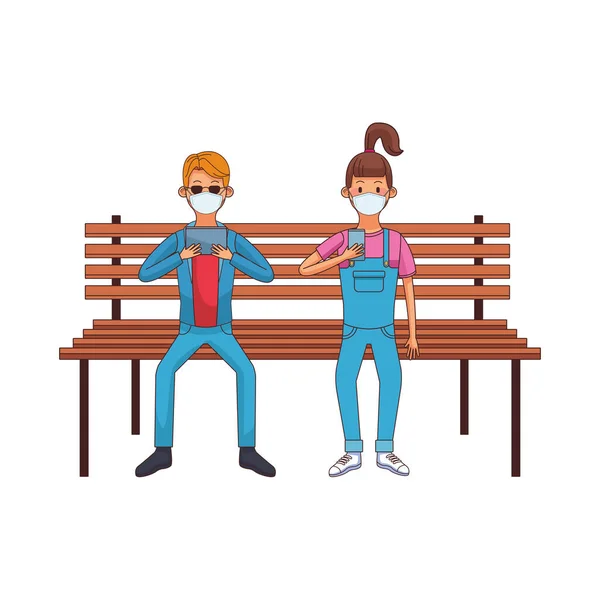 Jovem casal usando máscara médica usando a tecnologia sentada na cadeira do parque — Vetor de Stock
