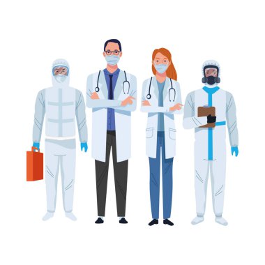 Tıbbi maske takan ve biyo-sosyal kıyafet giyen doktorlar.