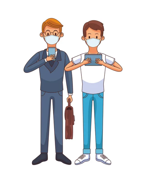 Jonge mannen dragen medische maskers met behulp van technologie personages — Stockvector
