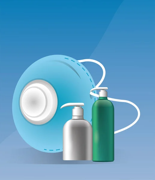 Dezenfektan şişeli mavi tıbbi maske — Stok Vektör