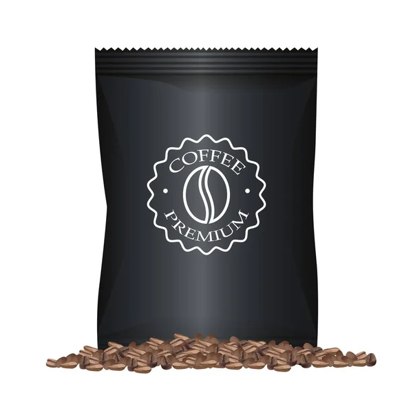 Kaffee schwarze Papiertüte elegantes Verpackungsprodukt mit Körnern — Stockvektor