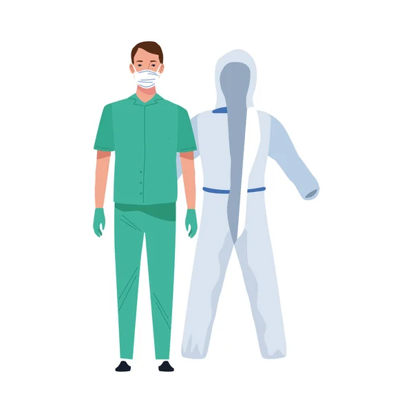Orvosi maszkot és biológiai biztonsági ruhát viselő férfi sebész orvos — Stock Vector