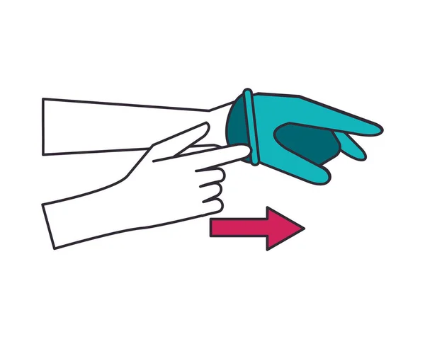 Χέρια ανθρώπινα με λαστιχένια γάντια λειτουργία χρησιμοποιώντας infographic — Διανυσματικό Αρχείο