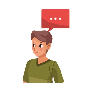 Konuşma balonu olan genç bir erkek.