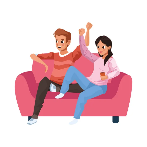 Joven pareja sentada en sofá avatares caracteres — Vector de stock