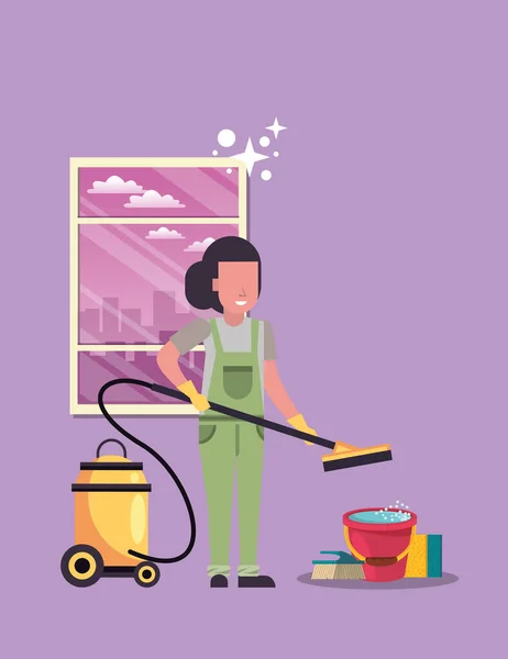 Femme travaillant avec des outils ménagers désinfecter votre maison — Image vectorielle