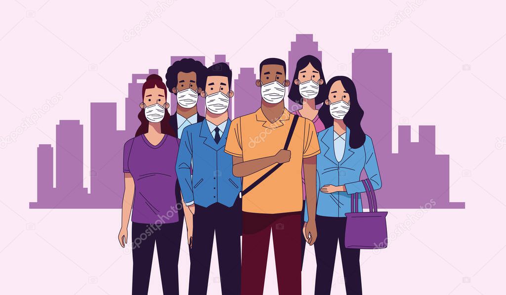young interracial people wearing medical masks characters