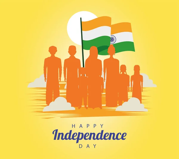Ινδία ευτυχισμένη ημέρα ανεξαρτησίας κάρτα εορτασμού με τους ανθρώπους και τις σημαίες — Διανυσματικό Αρχείο