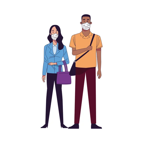 Casal interracial usando máscaras médicas personagens —  Vetores de Stock