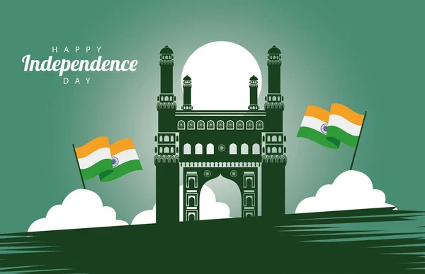 Tarjeta de celebración del día de la independencia feliz india con mezquita y bandera — Vector de stock