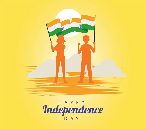 Ινδία ευτυχισμένη ημέρα ανεξαρτησίας κάρτα εορτασμού με τους ανθρώπους και τις σημαίες — Διανυσματικό Αρχείο
