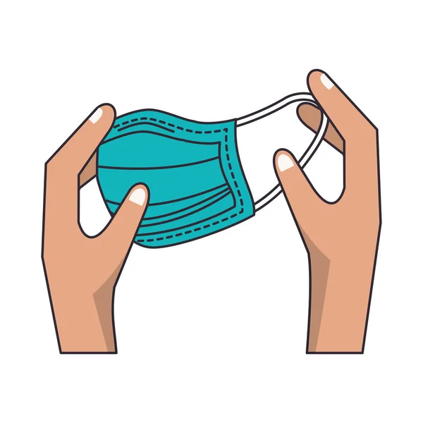 Руки з синім захисним аксесуаром для медичної маски — стоковий вектор