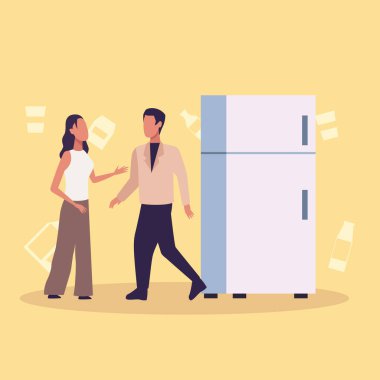 Genç çift buzdolabı alışverişi karakterleri