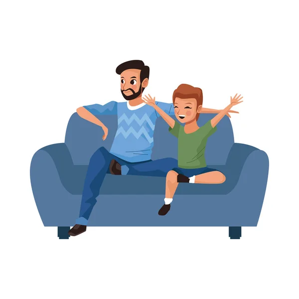 Vader met zoon in sofa avatars personages — Stockvector