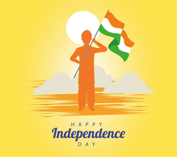 India feliz día de la independencia tarjeta de celebración con el hombre y la bandera — Archivo Imágenes Vectoriales