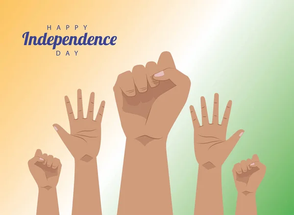 Ινδία ευτυχισμένη ημέρα ανεξαρτησίας κάρτα εορτασμού με τα χέρια ψηλά οι άνθρωποι — Διανυσματικό Αρχείο