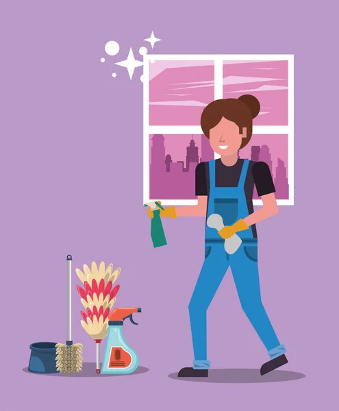 Woman working with housekeeping tools disinfect your house — Stock Vector