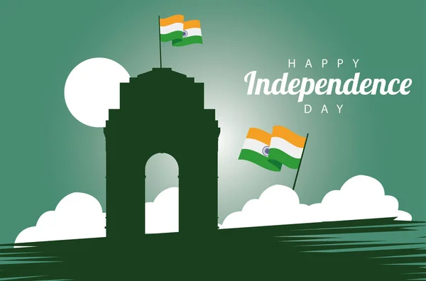 Índia feliz independência dia festa cartão com mesquita e bandeira — Vetor de Stock