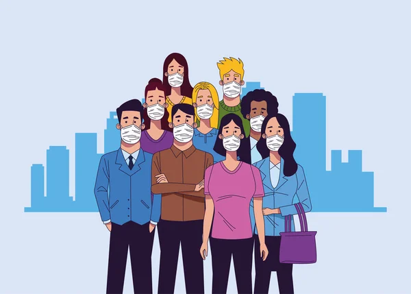 Mladé různé rasy lidé nosí lékařské masky znaky — Stockový vektor
