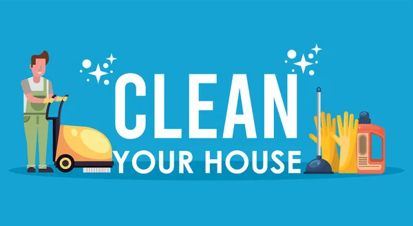 Homem que trabalha com ferramentas de limpeza desinfetar sua casa —  Vetores de Stock