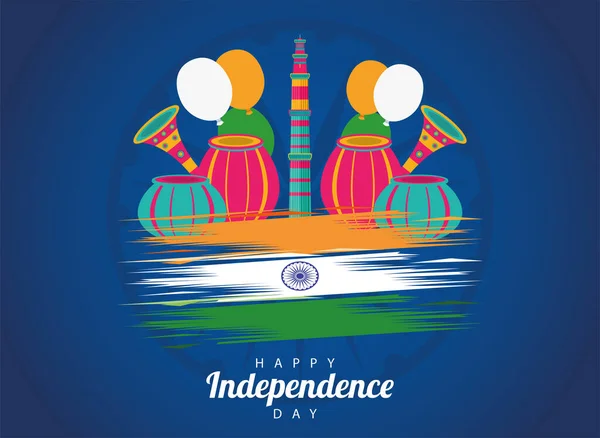 Índia feliz independência dia cartão de celebração com torres do templo —  Vetores de Stock