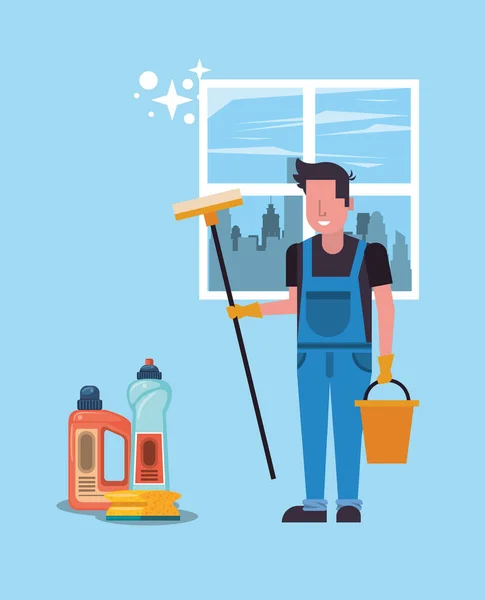 Uomo che lavora con gli strumenti di pulizia disinfettare la vostra casa — Vettoriale Stock