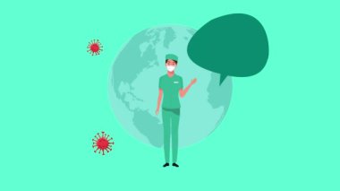 Tıbbi maske ve Dünya Gezegeni animasyonu kullanan cerrah kadın doktor.