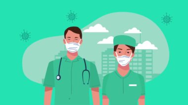 Şehir animasyonunda yüz maskesi takan tıbbi personel