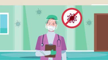 Kadın cerrah hastane animasyonunda tıbbi maske kullanıyor.