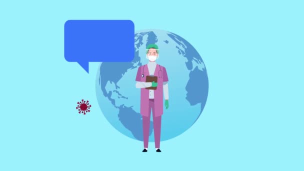 Cirurgião médico feminino usando máscara médica e animação planeta terra — Vídeo de Stock