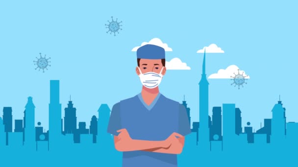 Chirurgien médecin utilisant masque médical et animation paysage urbain — Video