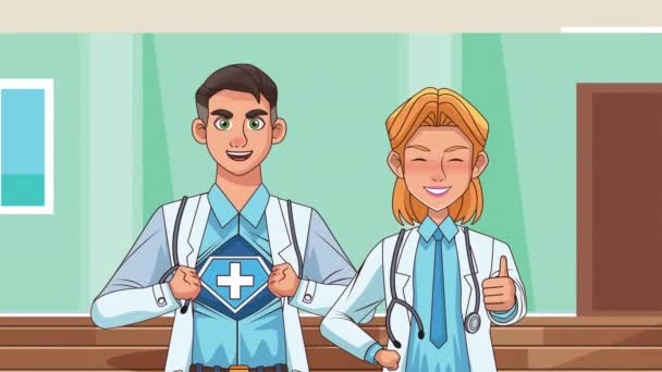 Médicos profesionales personal personajes en animación pasillo del hospital — Vídeo de stock