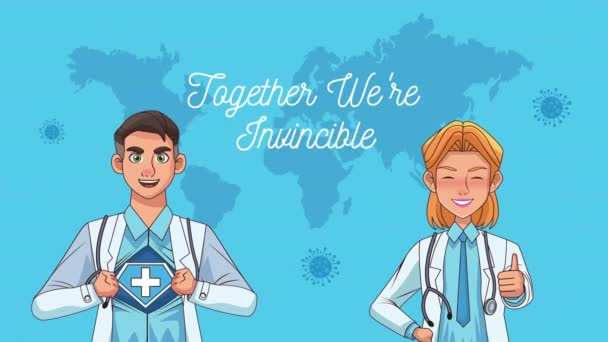 Médecins professionnels personnel personnages avec planète terre animation — Video