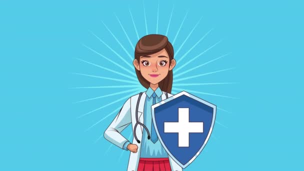 Profissional médico feminino com animação de caráter escudo — Vídeo de Stock