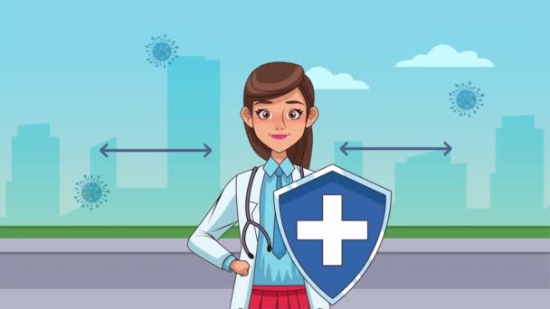 Profissional médico feminino na animação personagem da cidade — Vídeo de Stock