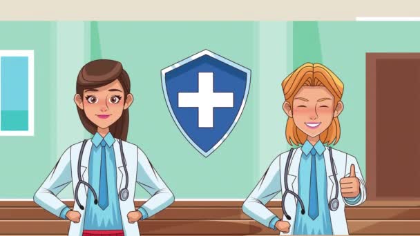 Female doctors professionals staff characters animation — Stock Video