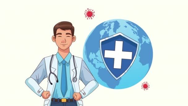 Doctor profesional personaje con tierra planeta animación — Vídeo de stock