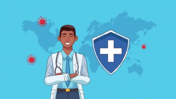 Afro doctor professional character and earth maps animation — Stock Video