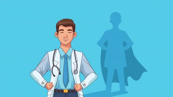 Médecin professionnel avec héros ombre personnage animation — Video