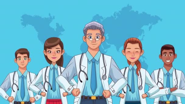 Profesionales profesionales médicos interracial personajes animación — Vídeo de stock