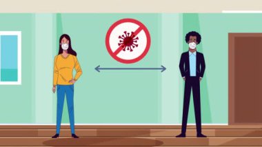 Kovid19 koruma ve sosyal mesafe için tıbbi maskeler takan genç çift