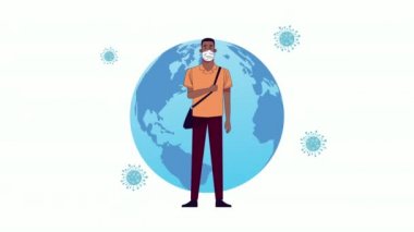 Dünya gezegeninden korunmak için tıbbi maske takan afro genç adam.