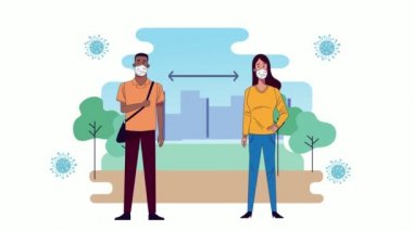 Kovid19 koruma ve sosyal mesafe için tıbbi maskeler takan genç çift