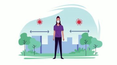 Parktaki kovid19 koruması için tıbbi maske takan genç bir kadın.