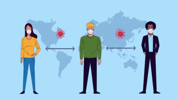 Personas interracial con máscaras médicas para covid19 y la distancia social en el planeta tierra — Vídeos de Stock