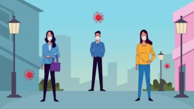 Kovid19 ve sosyal uzaklık için tıbbi maskeler takan ırklar arası insanlar.