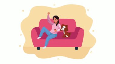 Oturma odasında köpek maskotu olan genç bir kadın seçim kampanyasında kalıyor.