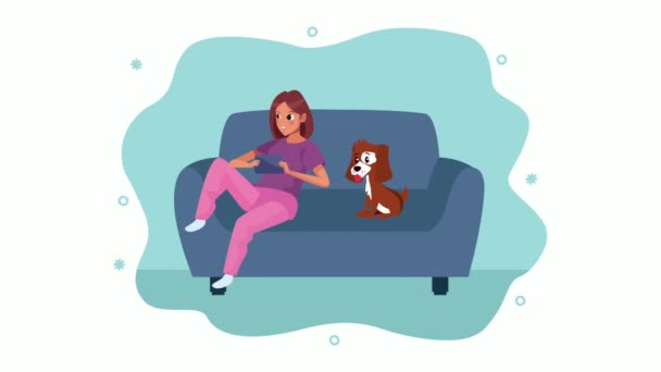 Young woman with dog mascot in livingroom stay at home campaign — Stock Video