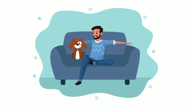Giovane con cane mascotte in soggiorno soggiorno soggiorno a casa campagna — Video Stock